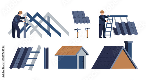 Flat Design Vector Illustration of Roofing Construction Process with Workers, Tiles, and House