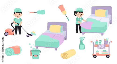 Flat Design Housekeeping Service and Cleaning Supplies Icons