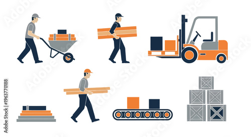 Flat Icons of Workers and Forklift in Logistics Industry