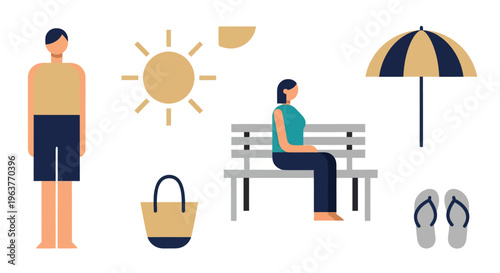 Flat Vector Illustration of Beach Scene with People, Sun, and Umbrella