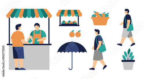 Flat Design Market Stall Scene with People and Fruit