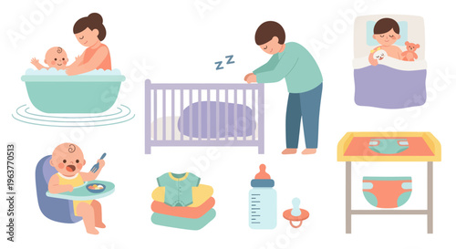 Flat Style Vector Icons of Baby Care: Bathing, Feeding, Sleeping, Changing
