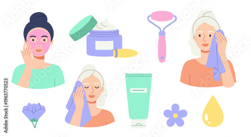 Flat Illustration: Skincare Routine for Women - Beauty, Health, and Wellness