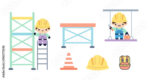 Cute Construction Worker Cartoon Characters and Tools Flat Design