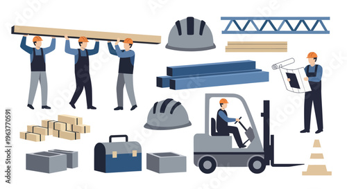 Construction Workers, Forklift, Materials, Blueprints, Vector Flat Style
