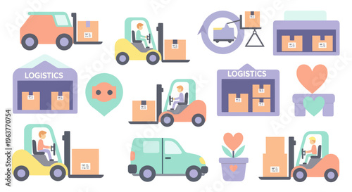 Flat Design Logistics Icons: Forklifts, Trucks, Warehouse, Delivery