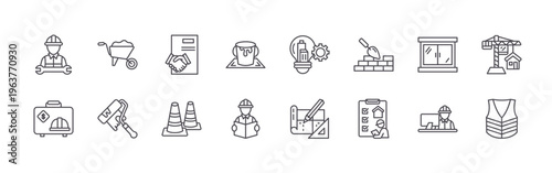 set of 16 modern thin line construction icons featuring worker, job creation, wheel barrow, paint roller, agreement, traffic cone, paint bucket, architecture, development. editable stroke