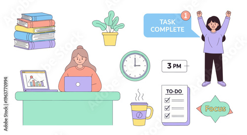 Woman working at desk with laptops, books, clock and to-do list