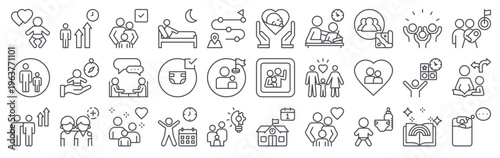 Set of 30 parenting modern thin line icons featuring family care, childcare, baby, childhood, playtime, discipline, bonding, guidance, parenthood, sleepless nights, milestones