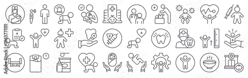 Set of 30 pediatrics modern thin line icons featuring children, nurse, toddler, newborn, feeding, dentistry, growth, bedtime, health care, doctor, medical treatment, wellness