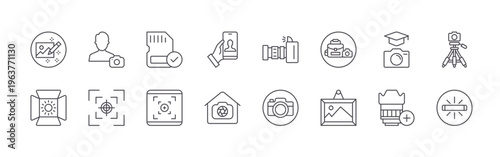 set of 16 modern thin line photography icons featuring retouching, lightbox, photographer, focus, memory, viewfinder, selfie, studio, dslr. editable stroke vector illustration isolated on white