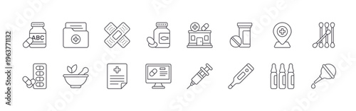 set of 16 modern thin line phary icons featuring multivitamin, capsules, medical data, mortar pestle, bandage, prescription, fish oil, online medicine, phary. editable stroke vector