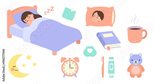 Flat illustration of sleeping girl, moon, clock, and bedtime items