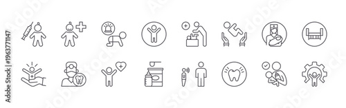 set of 16 modern thin line pediatrics icons featuring vaccination, wellness, playful, dentist, emergency, children, psychology, nutrition, pediatrician. editable stroke vector illustration isolated
