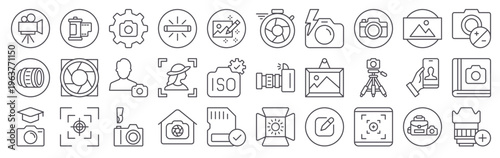 Set of 30 photography modern thin line icons featuring camera, lens, studio, film, tr, aperture, flash, frame, editing, portrait, landscape, selfie, focus, exposure, ISO