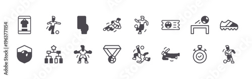 set of 16 modern thin line playing soccer icons featuring locker room, soccer team, shooting, tournament, red card, goalkeeper, parry, medal, receive. editable stroke vector illustration