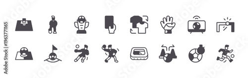 set of 16 modern thin line playing soccer icons featuring half, kick off, hold, corner kick, trophy, passes, yellow card, throw ball, substitution. editable stroke vector illustration