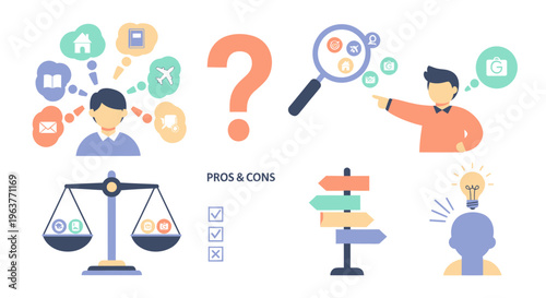 Business Decision Making Concept, Pros Cons, Weighing Options, Idea Generation, Flat Style Icons