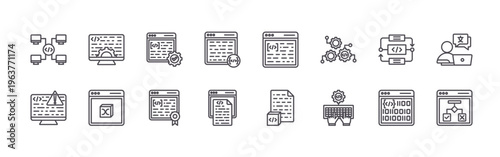 set of 16 modern thin line programming icons featuring cluster, exception, programming, variable, condition, declaration, syntax, script, data type. editable stroke vector illustration isolated on