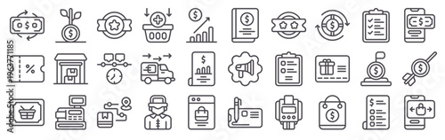 Set of 30 sales modern thin line icons featuring shopping, delivery, management, discount, online shop, cash register, goal, planning, promotion, finance