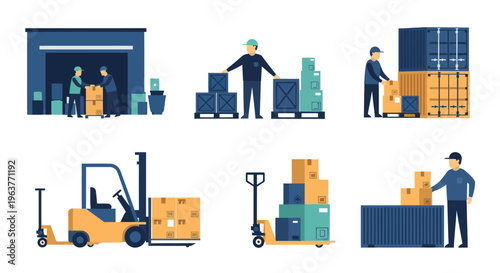 Flat Illustration of Warehouse Workers Loading and Unloading Boxes