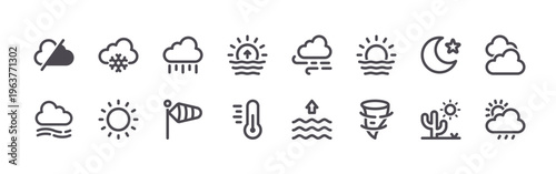 set of 16 modern thin line weather icons featuring no cloud, haze, snow fall, sun, rain, wind direction, sunrise, thermometer, windy. editable stroke vector illustration isolated on white