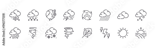 Photos set of 16 modern thin line weather icons featuring wind, hai, sleet, tornado, heatwave, snow, thunder, cyclone, huricane