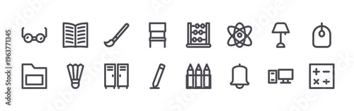 set of 16 modern thin line back to school icons featuring glasses, folder, book, badminton, brush, locker, chairs, pencil, abacus. editable stroke vector illustration isolated on white