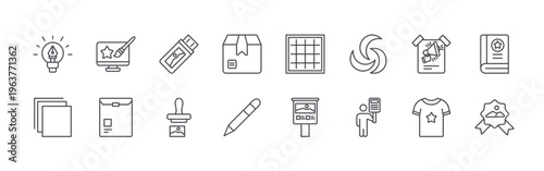 set of 16 modern thin line branding icons featuring creative, layers, design, envelope, thumb drive, stamp, package, pencil, grid. editable stroke vector illustration isolated on white