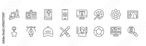 set of 16 modern thin line branding icons featuring advertise, key chain, identity, vector, guide, cap, smartphone, brush, vector. editable stroke vector illustration isolated on white