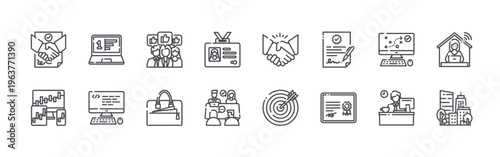 set of 16 modern thin line business icons featuring agreement, business statics, number one, coding, customer review, business bag, employed, meeting, partner. editable stroke vector