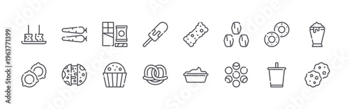 set of 16 modern thin line classic snacks icons featuring cheese, onion ring, baby carrot, cheese balls, snacking, muffin, ice pop, pretzel, granola bar. editable stroke vector