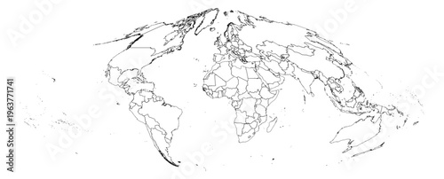 Sinusoidal projection world map dashed travel outline without Antarctica global vector graphic geography silhouette shape national border design isolated transparent background atlas eps