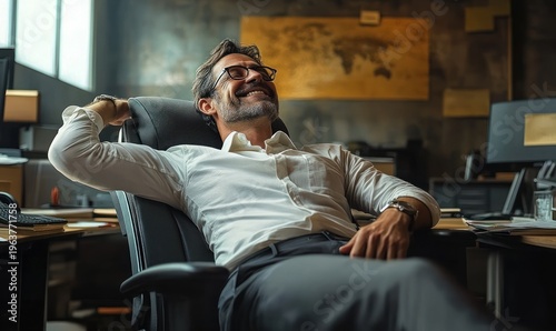man in white shirt reclining in office chair among desks, computers and papers, appearing relaxed and contemplative under warm light with a map on the wall