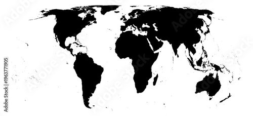 Eckert IV projection world map unified solid black without Antarctica global vector graphic geography silhouette shape national border design isolated transparent background atlas eps