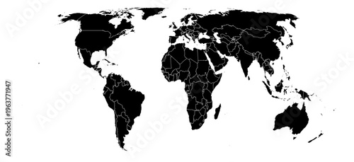 Eckert IV projection world map black fill white borders without Antarctica global vector graphic geography silhouette shape national border design isolated transparent background atlas eps