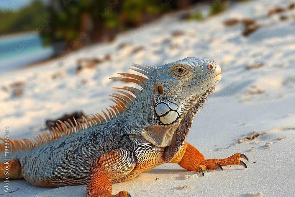 Fototapeta premium alert orange-green iguana basking on sunlit white sandy beach with spiny crest and blurred tropical shoreline