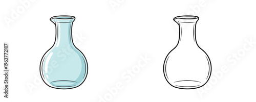 Cartoon glass carafe pitcher in color and black line art styles showing transparent empty rounded vessel for water or wine on white background