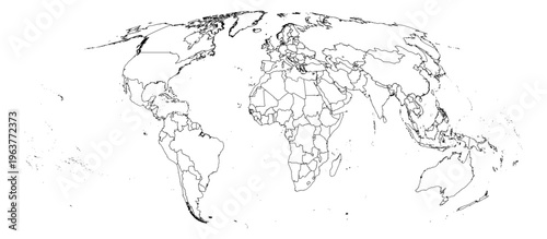 Mollweide projection world map simple outline without Antarctica global vector graphic geography silhouette shape national border design isolated transparent background atlas eps