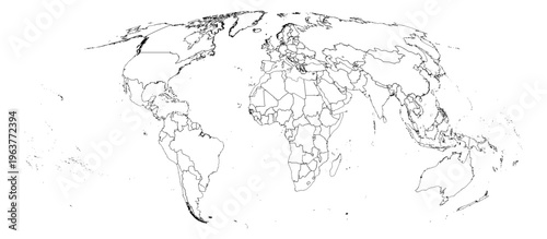 Mollweide projection world map dashed travel outline without Antarctica global vector graphic geography silhouette shape national border design isolated transparent background atlas eps