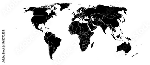 Robinson projection world map black fill white borders without Antarctica global vector graphic geography silhouette shape national border design isolated transparent background atlas eps
