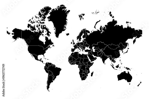 Mercator projection world map black fill white borders without Antarctica global vector graphic geography silhouette shape national border design isolated transparent background atlas eps