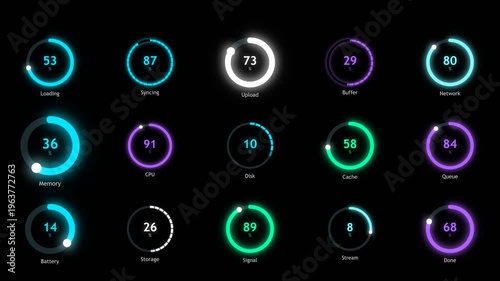 Circular progress rings animation loading indicators glowing cyan purple UI elements dashboard technology monitoring system display