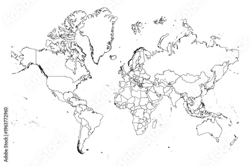 Картината върху платно Mercator projection world map simple outline without Antarctica global vector gr
