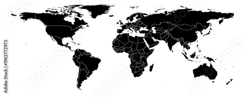 Equirectangular projection world map black fill white borders without Antarctica global vector graphic geography silhouette shape national border design isolated transparent background atlas eps
