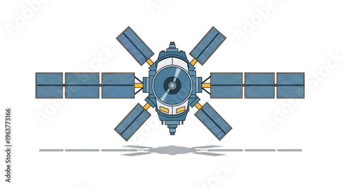 A stylized satellite with solar panels on a white background.