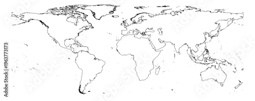 Equirectangular projection world map unified continent outline without Antarctica global vector graphic geography silhouette shape national border design isolated transparent background atlas eps