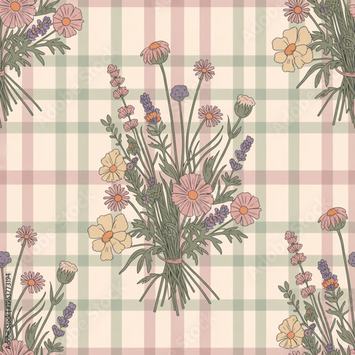Seamless pattern of hand drawn wildflower bouquets featuring lavender and daisies. Vector, illustration