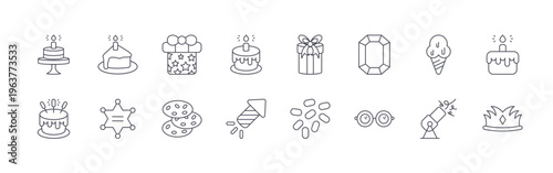 collection of 16 minimal thin line happy birthday icons such as cake stand, cake, birthday cake, badge, gift box, cookies, birthday cake, fireworks, birthday present. editable stroke