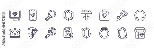 collection of 16 minimal thin line jewelry icons such as monitor, crown, smartphone, caliper, brooch, magnifying glass, sapphire, certificate, cufflink. editable stroke vector illustration
